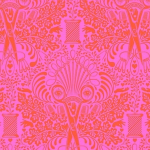 May include: A repeating pattern in shades of pink and orange. The design features stylized scissors, thread spools, hands, and floral elements. The overall theme suggests a craft or sewing-related product.