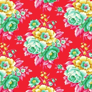 May include: A repeating floral pattern in a bold design. Large flowers in yellow, teal, and pink are set against a bright red background. The pattern creates a striking textile design, with a vintage feel.