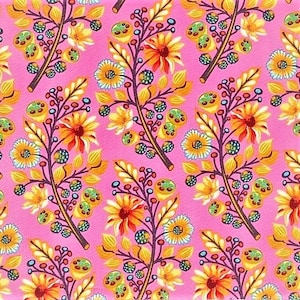 May include: Pink fabric with a repeating pattern of yellow, orange, and green floral branches. The branches have small berries and leaves.