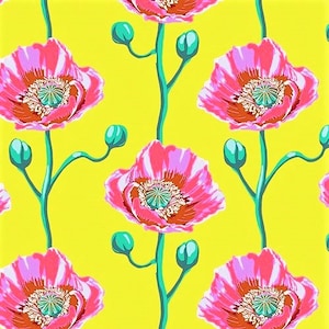 Könnte beinhalten: Ein lebendiges, sich wiederholendes Muster aus rosa und orangefarbenen Mohnblumen mit türkisfarbenen Zentren und Knospen, vor einem leuchtend gelben Hintergrund. Das florale Design zeigt grüne Stiele und eine kühne, auffällige Ästhetik, ideal für Textilien oder Tapeten.