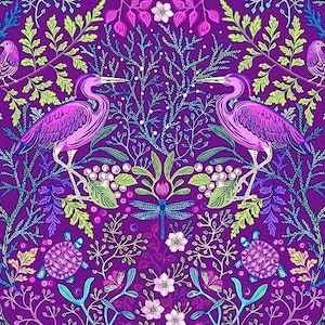 Water&#39;s Edge - Flora & Fauna - Purple By Northcott Fabrics By HY 100% cotton