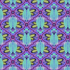 May include: A seamless pattern featuring a repeating design of stylised floral motifs in shades of blue, green, pink, and white on a purple background.