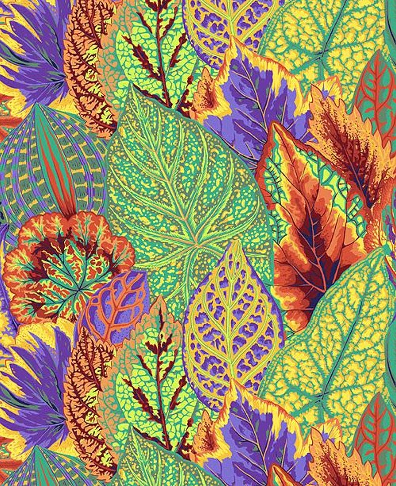 May include: A colorful pattern of overlapping leaves in shades of green, purple, orange, and red. The leaves have intricate details and textures.