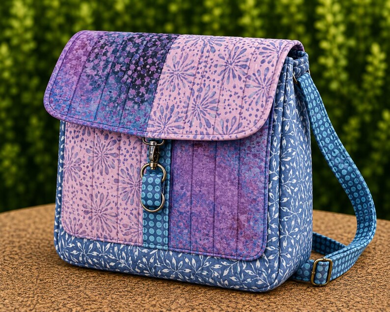 May include: A quilted fabric crossbody bag featuring a patchwork design in shades of purple, lavender, and blue. The bag has a flap closure with a metal swivel clasp, a matching adjustable shoulder strap, and various floral and geometric patterns.