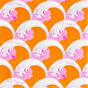 Pode incluir: Um padrão repetido de ondas estilizadas em tons de laranja, branco e rosa. Cada onda tem uma crista branca e uma base rosa. O texto "a smooth sea never made a skilled sailor" está escrito em cada onda.