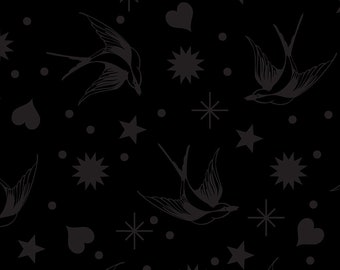 May include: Dark background with a repeating pattern of swallows, stars, hearts, and dots. The design features stylized swallows in flight, along with various star shapes, hearts, and small dots, all in a dark grey colour.