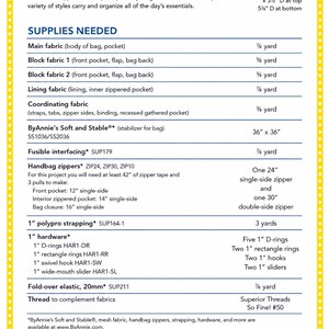 May include: A white informational pattern sheet titled Switchback with a yellow border. It lists supplies needed for a satchel, including fabric yardage, stabilisers, zips, strapping, and hardware, with dimensions of 27.94 cm wide by 27.94 cm high.