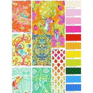 Puede incluir: Una hoja de muestras de tela con patrones y diseños coloridos. Los diseños incluyen patrones florales, animales y geométricos en varios colores, incluyendo naranja, verde, rosa y azul. El texto "Tiny Beasts" y "True Colors" es visible.