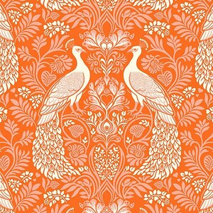 May include: A seamless pattern featuring white peacocks with intricate tail feathers on an orange background. The peacocks are facing each other and are surrounded by a floral design.