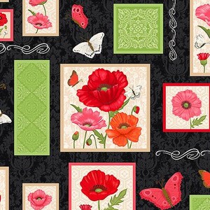 May include: A repeating pattern featuring red, pink, and orange poppies, butterflies, and decorative green squares on a black background. The floral design is framed in rectangular shapes with a damask-style pattern.