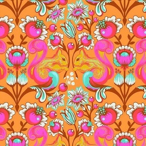 May include: A vibrant orange background with a repeating pattern of stylised squirrels, flowers, and leaves. The squirrels are orange, pink, and blue, and the flowers are pink, white, and blue.