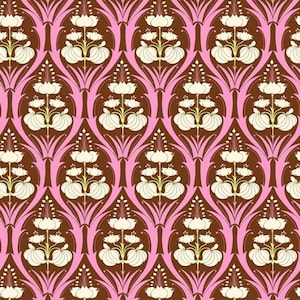 May include: A seamless pattern featuring a repeating design of stylized white flowers with green stems on a brown background with pink accents.