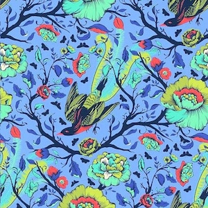 Op de afbeelding: Een herhalend patroon met gestileerde vogels, bloemen en vlinders in blauw, groen, rood en geel. Het ontwerp bevat gedetailleerde bloemelementen en ingewikkelde takpatronen, waardoor een levendige en decoratieve esthetiek ontstaat.