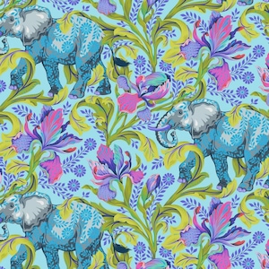 May include: A repeating pattern featuring blue elephants with floral designs, set against a light blue backdrop. The design includes vibrant pink, purple, and yellow flowers, and green foliage, creating a lively and decorative aesthetic.