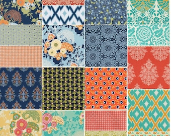 Op de afbeelding: Een verzameling van 16 stoffen vierkanten met verschillende patronen en kleuren, waaronder blauw, groen, geel, oranje en rood. De patronen omvatten bloemmotieven, geometrische en abstracte ontwerpen.