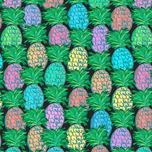 May include: A repeating pattern of brightly coloured pineapples on a black background. The pineapples are in shades of pink, blue, yellow, green, and orange, with green leafy tops. The design is vibrant and tropical.