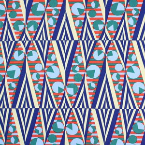 May include: Abstract geometric pattern with repeating triangles, circles, and stripes in shades of red, blue, green, and yellow.
