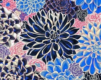 May include: A vibrant floral pattern featuring a variety of blue, pink, and white flowers. The flowers are arranged in a close-up, creating a busy and colorful design.