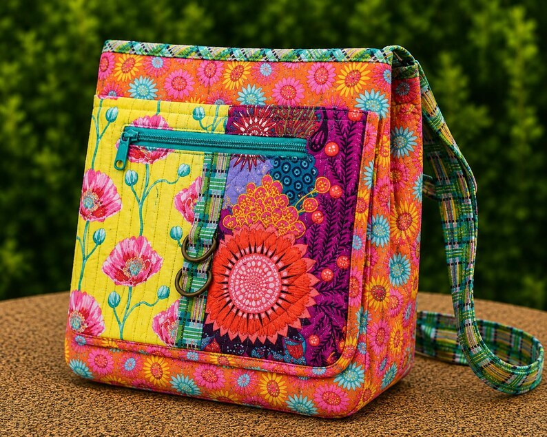 May include: A quilted crossbody bag featuring a vibrant floral pattern in shades of orange, yellow, pink, and teal. The bag includes a front zipped pocket with a teal zip, a plaid fabric strap, and two bronze-coloured metal rings on the front.