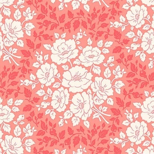 May include: A seamless pattern featuring white floral designs on a pink background. The flowers are stylised and have a vintage aesthetic. The pattern is perfect for fabric, wallpaper, or other decorative applications.