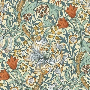 Pode incluir: Um padrão floral sem costura com flores e folhagens estilizadas em tons de laranja, verde-azulado e dourado sobre um fundo creme. O design inclui folhas detalhadas, flores e elementos intrincados em redemoinho.