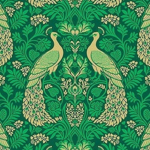 May include: A seamless pattern featuring peacocks with gold and green plumage on a dark green background. The peacocks are surrounded by intricate floral designs.