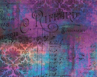 May include: A vintage-style fabric in shades of purple, teal, and orange. The design includes script, floral motifs, and the word "RIFFARD" in an ornate font, creating a layered, textured appearance reminiscent of aged documents.