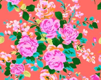 May include: A vibrant floral pattern featuring large pink roses, smaller white flowers, and green leaves against a coral background. The design has a painterly style, with a mix of bright and soft colors. This pattern is suitable for fabric, wallpaper, or other decorative items.