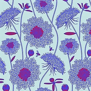 May include: A repeating pattern of stylized blue and purple flowers and stems on a light blue background. The flowers have a central purple core surrounded by intricate blue petals. The design includes small purple buds and a few stylized insects.