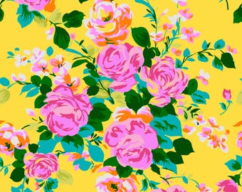 May include: A vibrant floral pattern featuring large pink roses, smaller pink and white blossoms, and green leaves against a bright yellow background. The design is a repeating pattern, creating a cheerful and colorful aesthetic.
