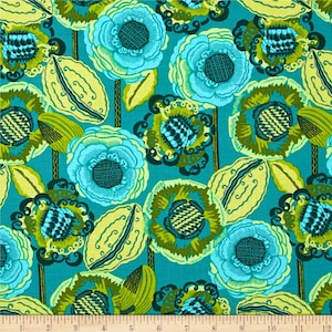 May include: A fabric with a repeating floral pattern. The design features large, stylized flowers in shades of teal, green, and chartreuse. The background is a teal color, and the flowers have intricate details. The fabric has a modern, artistic aesthetic.