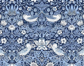 May include: A blue and white floral pattern with stylized birds and leaves. The pattern is reminiscent of a traditional wallpaper design.