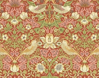 May include: A repeating pattern of stylized birds, flowers, and leaves in shades of green, red, and cream on a red background.