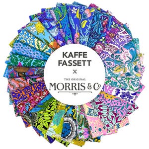 May include: A collection of patterned fabric squares arranged in a circle, showcasing floral and botanical designs in vibrant colours. The centre features a white circle with the text "KAFFE FASSETT x THE ORIGINAL MORRIS & Co."