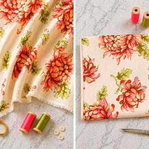 May include: Cream-coloured fabric featuring a floral pattern of large, vibrant coral and pink chrysanthemums with green leaves. The fabric edge includes the text Freshcut, Heather Bailey, and Westminster. Includes gold scissors, thread spools, and buttons.