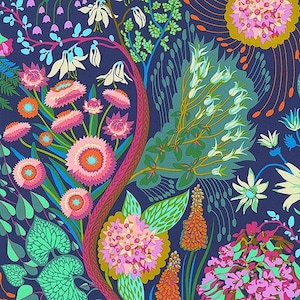 May include: A vibrant floral fabric with a dark blue background featuring a variety of pink, green, and yellow flowers. The fabric has a whimsical and eclectic design.