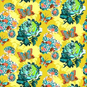 May include: A yellow background with a repeating pattern of blue and green roses, butterflies, and pink and white flowers.