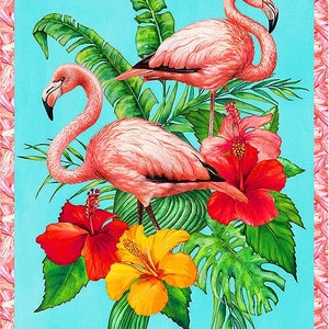 25&quot; x 44&quot; PANEL Windham Fabrics Tropical Paradise - Posed Flamingos - Seaglass - cotton fabric