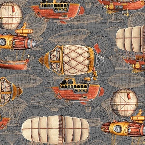 May include: A digital print fabric featuring a repeating pattern of vintage-style airships and hot air balloons on a gray background with a grid pattern. The airships are detailed with gears, propellers, and windows. The hot air balloons are made of beige fabric with red and gold accents.