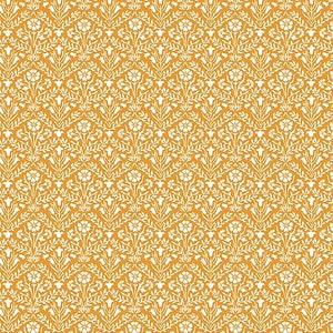 Könnte beinhalten: Ein nahtloses Muster mit einem sich wiederholenden Design aus weißen stilisierten Blumen und Blättern auf einem durchgehenden gelben Hintergrund.