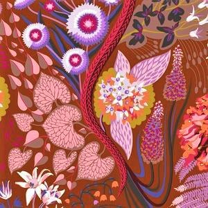 May include: A vibrant floral pattern fabric featuring a variety of flowers, leaves, and vines in shades of pink, purple, orange, and green on a brown background.