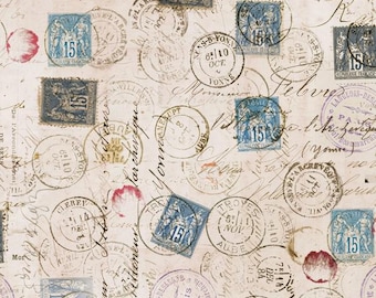 May include: Cream-colored fabric with a vintage design featuring postage stamps, circular date stamps, and handwritten script. The stamps are blue and gray, with red floral accents. The fabric has a distressed, aged appearance.