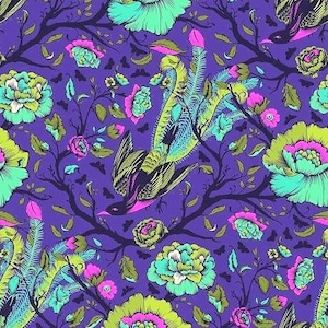 May include: A vibrant purple background with a repeating pattern of green, blue, and pink flowers and birds. The birds have long, flowing tails and are perched on branches. The flowers are stylized and have a whimsical feel.