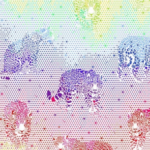 Pode incluir: Um padrão sem costura que apresenta jaguares coloridos com um padrão de manchas em um fundo branco com um degradê de arco-íris e um padrão de bolinhas.