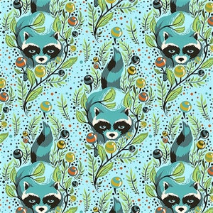 May include: A seamless pattern featuring blue raccoons with black tails, surrounded by green leaves and colourful balls on a light blue background.