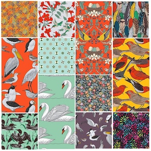 May include: A collage of sixteen fabric designs featuring birds, flowers, and abstract patterns. The colour palette includes red, orange, blue, green, and yellow. These designs are suitable for fabric, wallpaper, or other decorative applications.