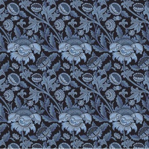 Peut inclure: Un motif sans couture avec un motif répétitif de fleurs bleues stylisées et de feuilles sur un fond bleu foncé.