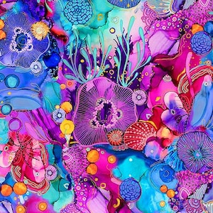 以下が含まれることがあります： 鮮やかな色彩の抽象的な水彩デザイン。青、紫、ピンク、緑が混ざり合い、海洋生物を思わせる複雑なディテールが特徴です。円形や有機的な形が組み込まれ、ダイナミックでカラフルなパターンを作り出しています。