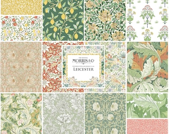 May include: A collage of 10 different floral patterns, each with a unique design. The patterns are in various colors, including green, yellow, red, and white. The patterns are all from the original Morris & Co. company, founded by William Morris in 1861 in Leicester.