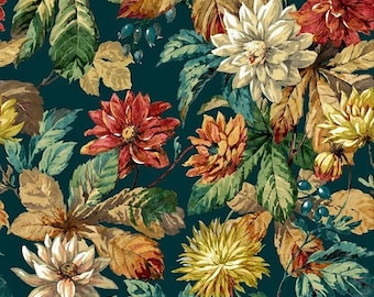 May include: A teal background with a floral pattern featuring red, yellow, and white flowers with green leaves.
